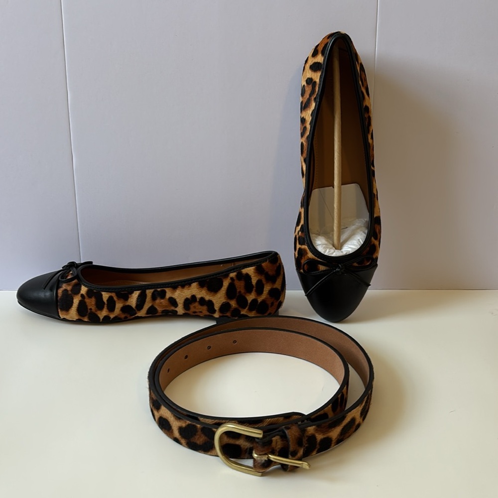 JCrew leopard calf hair cap toe ballet flats.